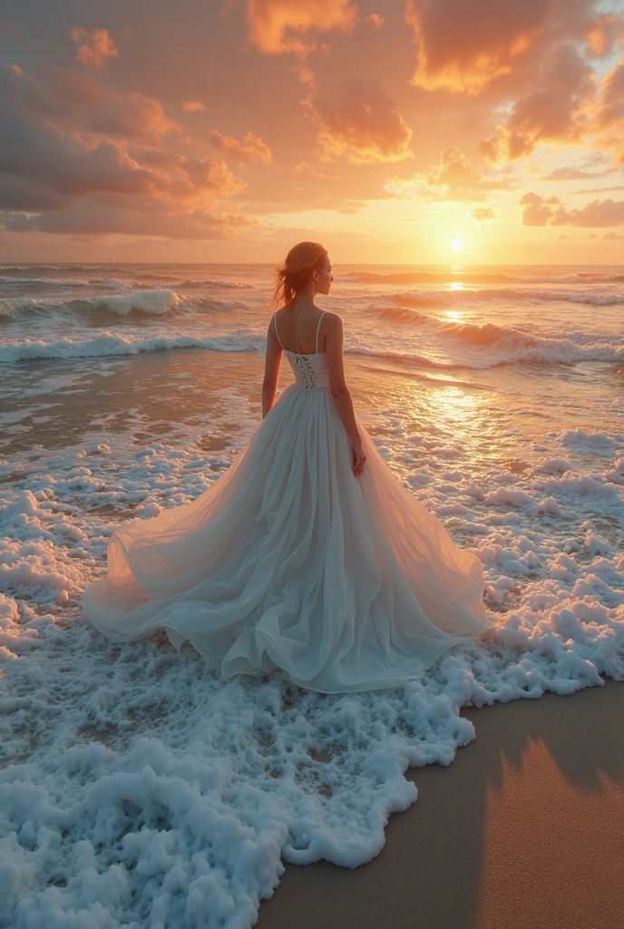 the setting sun,a beauti,White dress,sea beach,Disney,a warm color palette,looking at the distance