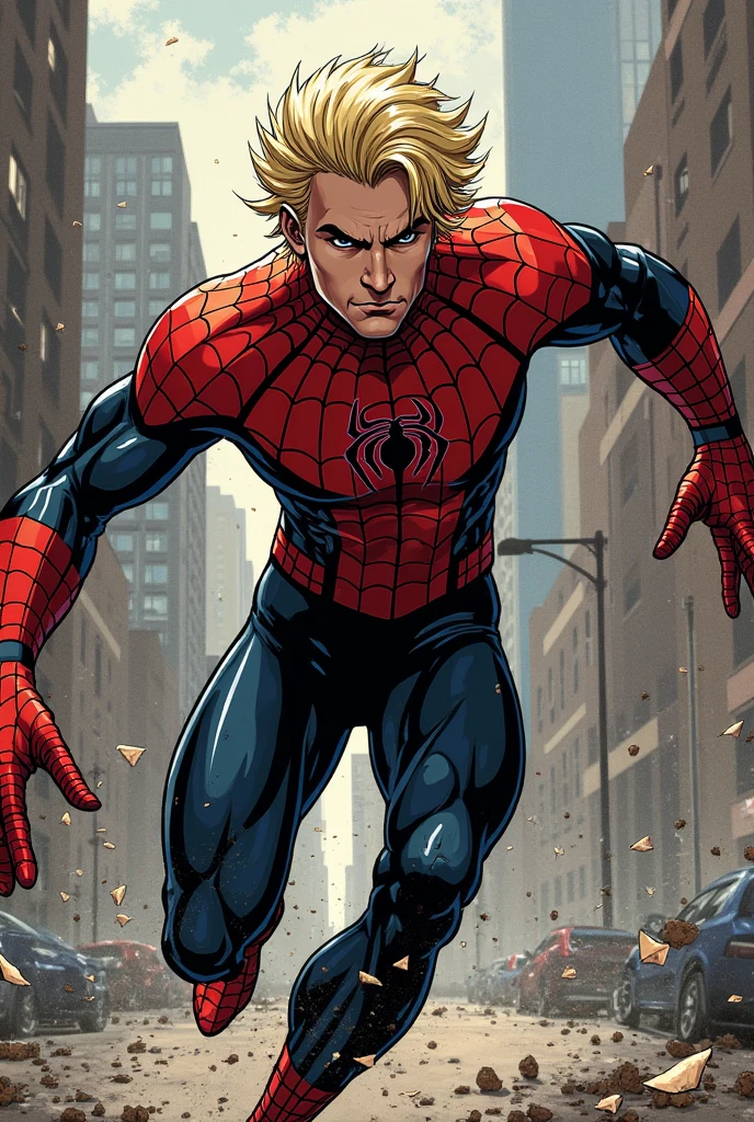 Spiderman oc with brown skin,blonde hair,dark brown eyes and pink spidersuit
