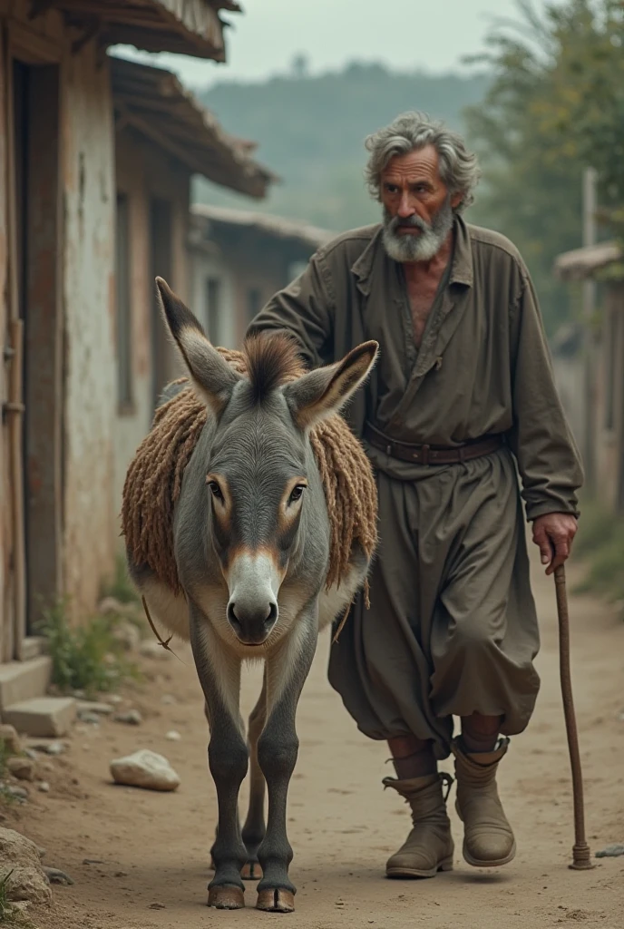 A video of an old donkey walking with difficulty next to the owner.
