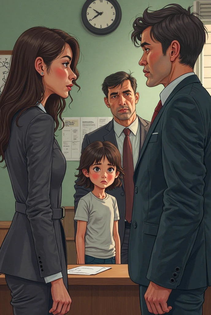 Drawing of Photo of a happy family, bald mother, smoking father, age daughter, unsmiling adult son