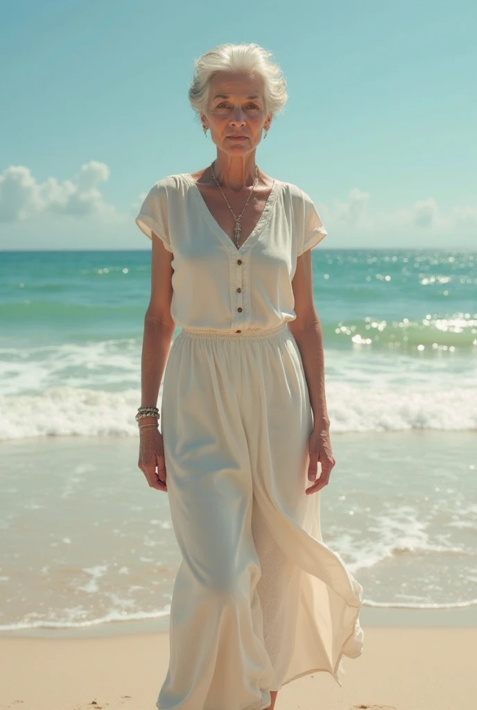RAW PHOTO, her name is Dolores, high quality, 1 old woman, ((58-year-old slim filipina woman)), (((58 years old))), ((slim body)), ((wrinkled body)), (((old body))), (((long hair))), she is wearing a stylish modest Generation X flowy casual wear, POSE: standing, BREAK, BACKGROUND: indoor, cafe by the beach, film grain, instagram photo