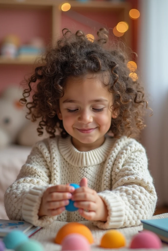 uma de 8 anos com cabelos loiros lisos e um sorriso de felicidade, having won an amigurumi doll made of crochet, pure perfection, ;is in his room full of amigurumi dolls on his cape , she is holding a ball of crochet linen crochet hook