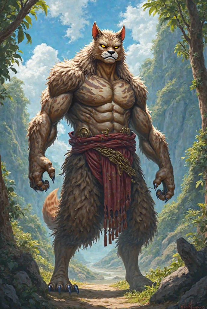 Smilodon, comic book style, illustration, solo, abs, ferocious, male, [[badass pose]], nipples, masterpiece, best art, full body, by oouna, armor, detailed eyes, detailed fur, claws, detailed tail, masculine body shape, prehistoric, tall, topless, muscular