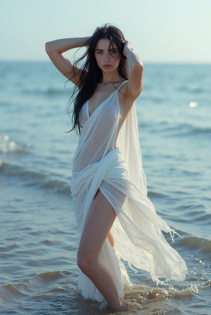 summer、Ocean、young woman、Beautiful woman、beauty、slim、Long Hair、Fair skin、White see-through dress、Cool Beauty