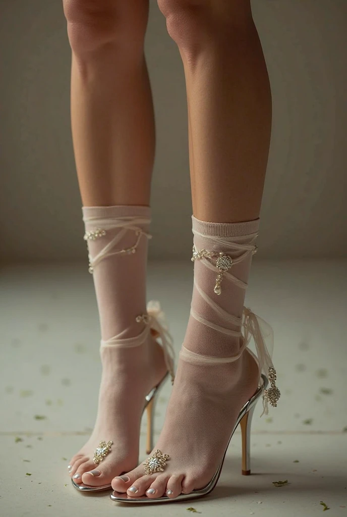 high-heels,White stockings,Lace lingerie big breasts,M open foot