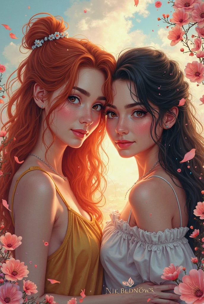 A pretty red haired woman with red eyes and an hourglass figure in a pretty summer dress is hugging a stunning black haired woman with brown eyes with an hourglass figure in a park
