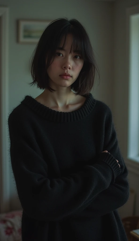 Delicate and dainty young woman with shiny bob-cut black hair and cat ears. She is wearing knitted sweater . The background is a fantastic and ethereal night sky that seems to be haunted by a specter. Her expression is stern and atmospheric.
