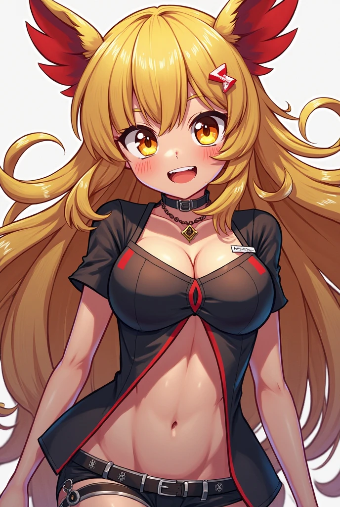 1girll, bangs, black_choker necklace, Foot warmer, Red bow, Red_ribbon, Blonde_Hair, Blue_Eyes, Blush, Bra, Large breasts, choker necklace, 鎖骨, collared_shirt, full_Body, Grey_Background, Hair_ribbon, Long_Hair, double tails, Hair ribbon, Looking_at_peeping at the viewer, Red-pink check, tartan_Skirt, pleated_Skirt, ribbon, Pink cardigan, Skirt, Smile, Solo, standing, double tails, underwear, arms  cuffs
