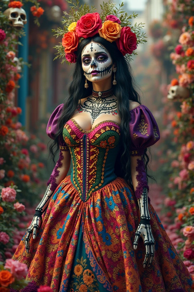 A (full body:1.3) shot at 8k resolution, splash art, fantastic comic book style, photorealistic, anatomical realistic digital painting portrait of a female latino (mexican muertos queen:1.3) in white (silk dress:1.1), (long curly red hair:1.1), (medieval town:1.3), light particle, analog, very detailed skin, very detailed eyes, (elden ring style:1.3), (warhammer style:1.1), concept artist, global illumination, depth of field, splash art, art by artgerm and greg rutkowski and viktoria gavrilenko