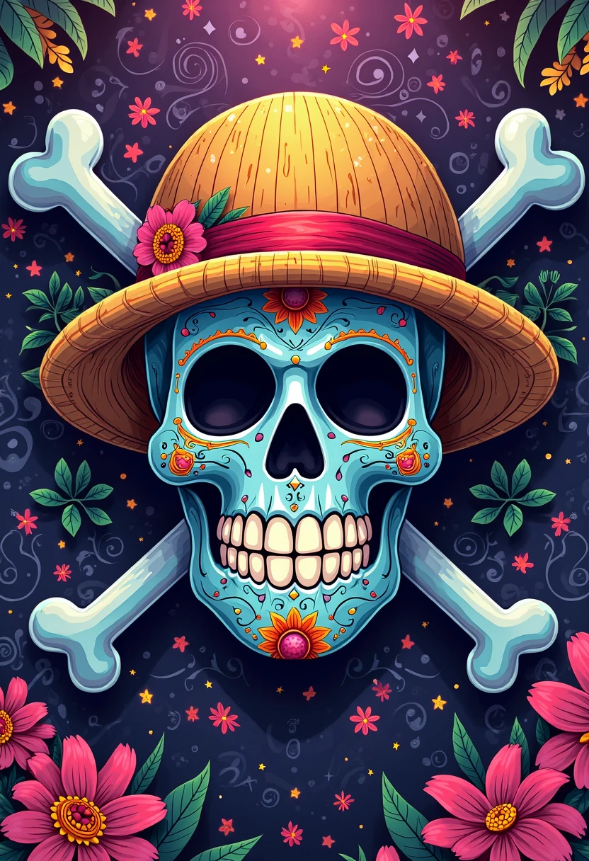 Skull with Luffy's hat in 2d with green background