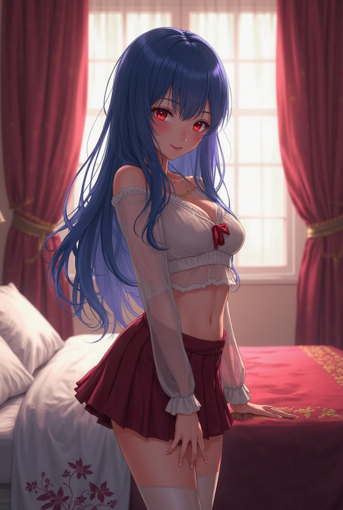 (masterpiece, best quality), 1girl, solo, (red streaked hair), (blue hair), green eyes, slim, large breasts, long hair, seductive, bed