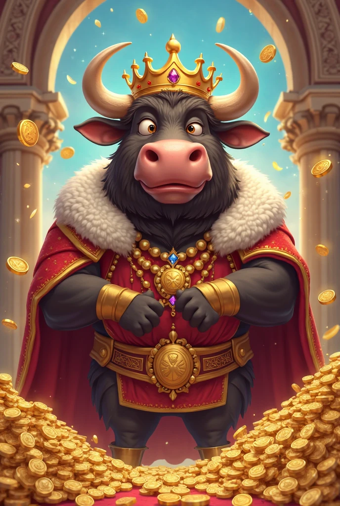 Cartoon 3D black bull wearing a red cape and a crown and clothes studded with gold coins. Red background with flying gold coins.
