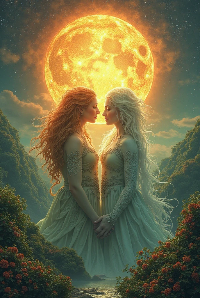 an image where the sun and the moon are depicted sharing a French kiss:
"Create an image where the sun and the moon are depicted as personified celestial beings in the sky, engaged in a French kiss. The sun should have a warm, glowing appearance with golden rays radiating from it, and the moon should have a soft, cool glow with a gentle, silvery light. Both should have facial features, with eyes closed in a tender, intimate moment. The background should be a blend of day and night, with a gradient of orange and blue tones merging together."