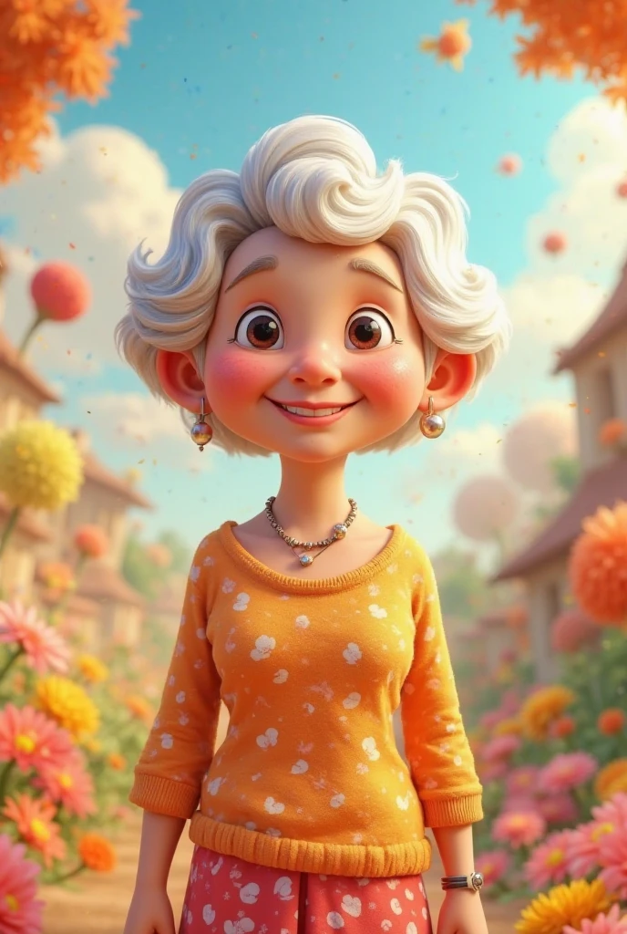  CARTOON CREATE IMAGE WITH GREY CURLY HAIR TIED BACK, FRIENDLY FACE, 62 YEARS OLD, IN A GARDEN
