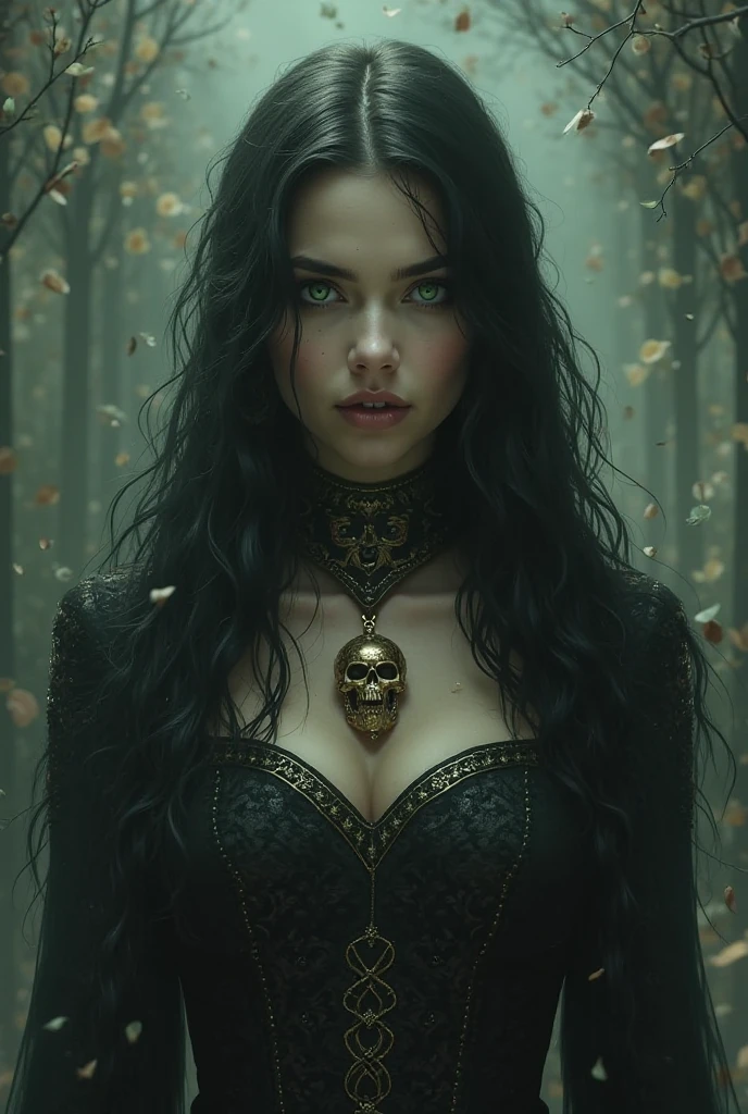 Rogue Ursula incorporates a multitude of cruel characteristics into her appearance, cativando assim a natureza complexa de seu personagem. His impressive physical attributes, like her porcelain complexion that contrasts menacingly with the black hair cascading over her shoulders, draw attention to your elegance and grace, while also hiding a depth of malevolence. Seus olhos penetrantes vermelhos parecem devorar almas, reflecting a chilling malevolence that leaves a lasting impression. Os contornos do seu rosto, sculpted with a mix of sharp angles and gentle curves, create an ethereal allure, mas assustador. Ursula'The cruel appearance is further accentuated by his costume..., composed of flowing black cloaks that billow like a menacing cloud, completos com intrincados desenhos prateados que lembram teias de aranha. Em suma, Vampire Ursula'Your cruel appearance encapsulates your essence, at the same time enchanting and terrifying all those who dare to contemplate it.