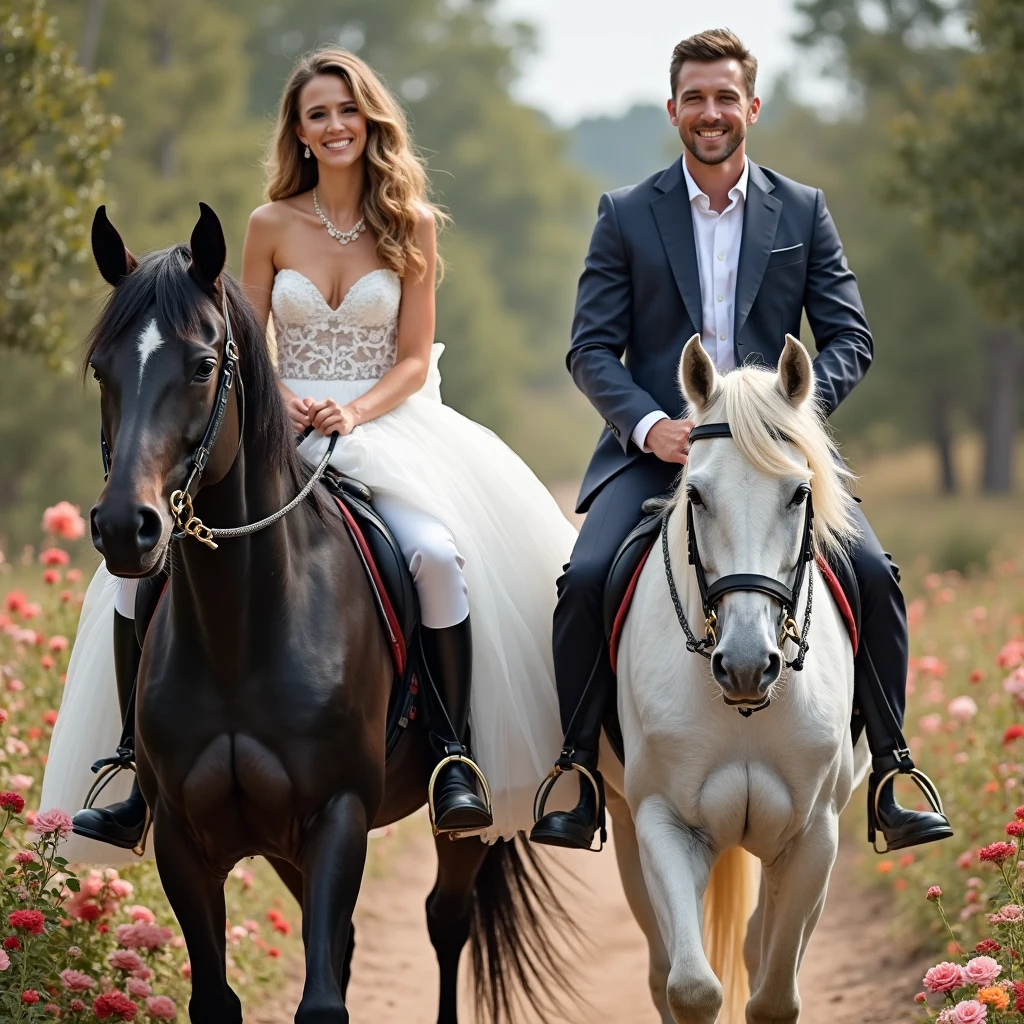 Woman in wedding dress on horse at farm