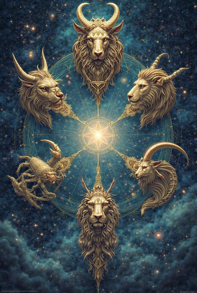 A collage of myths and legends surrounding Solomon, including the history of the ring and demons. Elements like magic rings, fantastic creatures and ancient scrolls are integrated. The background is a mix of dark and bright colors.