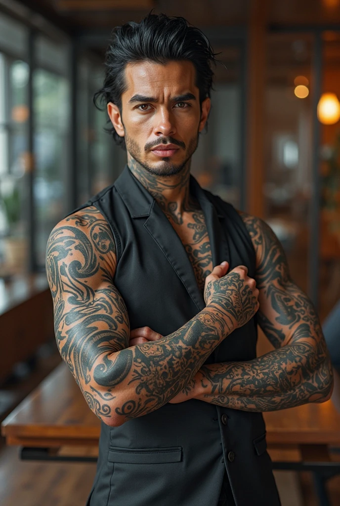 photorealistic, best quality, masterpiece, extremely detailed, very sexy, very homoerotic, extremely handsome, 30 year old muscular filipino man, full body tattoo, (muscular bodybuilder), wearing only apron, holds out steaming cup of coffee towards camera, smiling, in kitchen, extremely romantic atmosphere, perfect face, perfect fingers, perfect hands, perfection