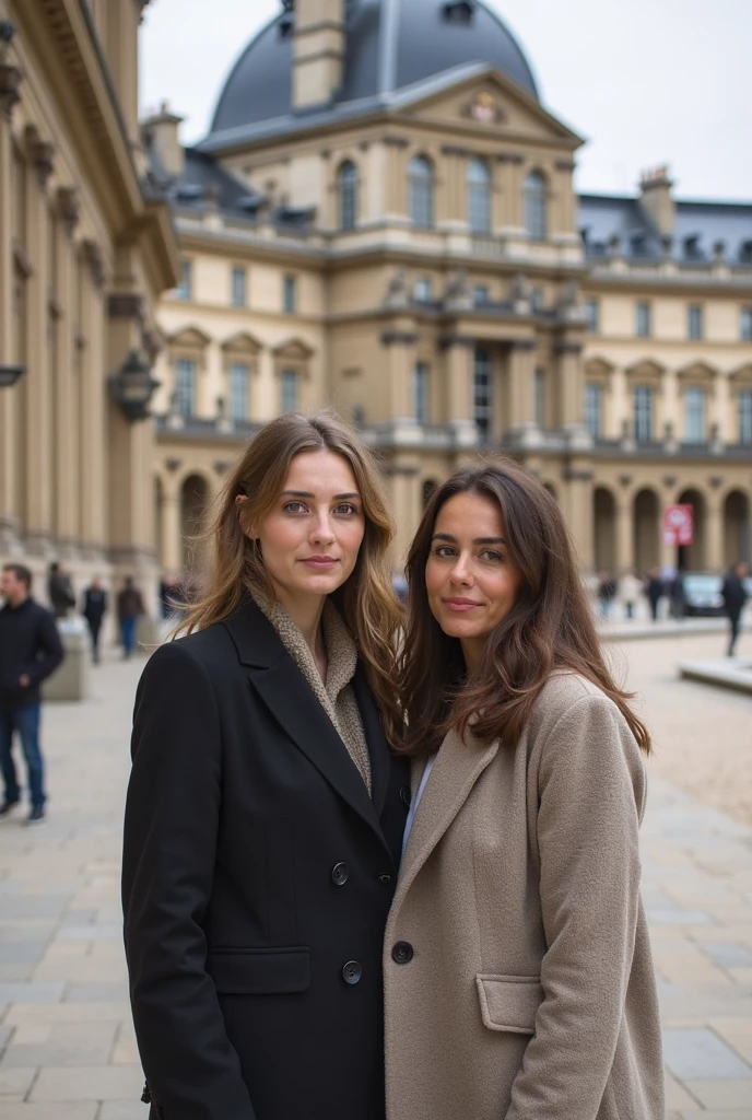 mature milf brunette and Blonde, dressed casually, standing in front of the Eiffel Tower, European appearance, 45 years