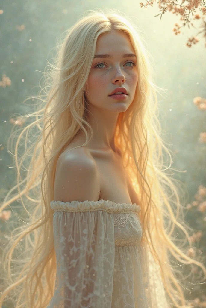 I want a feminine girl with long wavy hair and bright blond hair, with big eyes and strong green in the style of Rangrarii
