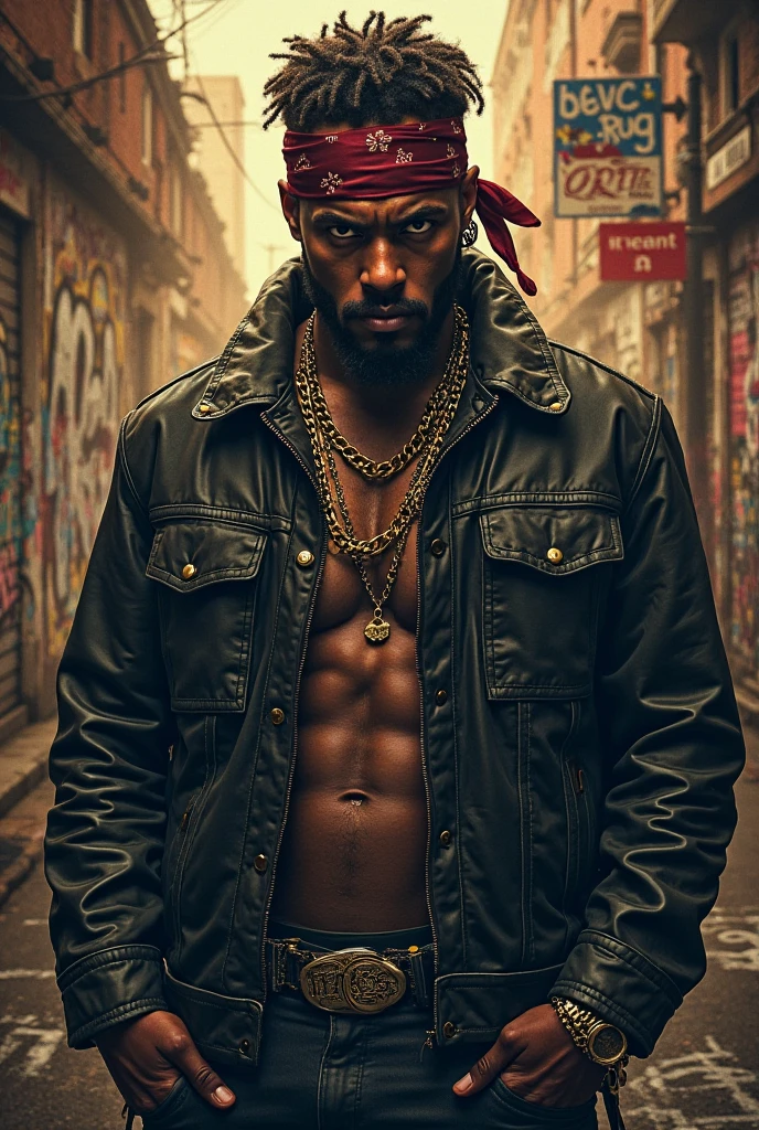 Short dreadlocks and a ski mask、Tattooed black male gangster wearing a necklace