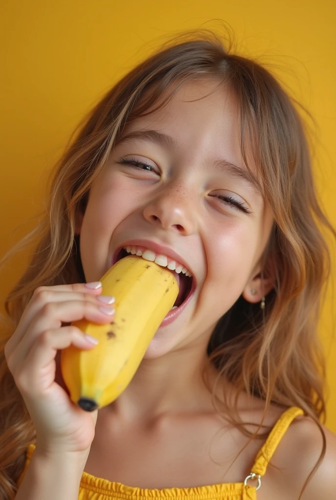A brunette girl with curly hair and big breasts sucking banana
