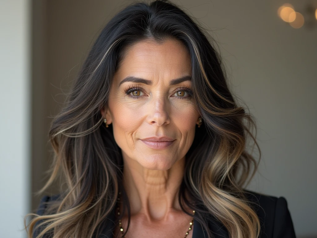 A 56-year-old woman with long brown smooth hair with an oval face, muscular body, and brown eyes, no shadow displays --auto --s2