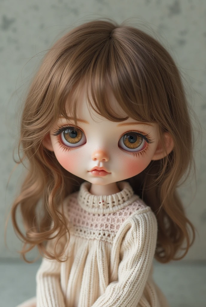 white skin, long straight hair with wine red side bangs, long thick black eyebrows, small lips, big black eyes and a lot of pink blush on her cheeks