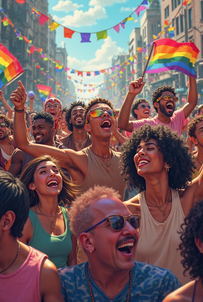 a vibrant and cinematic scene of a pride parade in the heart of a bustling city. Show a diverse group of proud and joyful men marching together, waving rainbow flags and wearing colorful outfits that celebrate LGBTQ+ pride. The streets should be lined with cheering male crowds, and the atmosphere should be one of unity, love, and inclusivity. Capture the spirit of the parade and the sense of community as the men proudly celebrate their identities, nude, large penis, erection, realistic, masterpiece, intricate details, detailed background, depth of field,