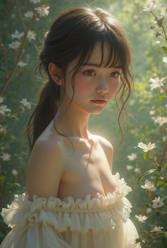 Beautiful realistic naked girl with BRIGHT WHITE-BLUE long hair, very small round breasts (firm and full), Close-up of clean skin with detailed skin, full body view, on an orange background, Against the background of the starry sky, bright makeup, EARRINGS WITH GLITTERS, two-leaf gray flower,translucent speckled bifoliate gray, Bioluminescent - Ultra High Quality 8K Music Equalizer, High contrast, rich colors, soft light, Super detailed photos. ultra high quality 8K, High contrast, noise reduction, яркие rich colors. high quality, 8K Ultra HD, High contrasthigh quality, very beautiful flower, translucent red lily of the valley with dew drop flower, bioluminescent flower glows and shimmers, he grows in a mysterious forest, shrouded in mystery, high quality 8k, High contrast, rich colors, soft light, Ultra-detailed photos. high quality 8k, High contrast, noise reduction, bright rich colors. high quality, 8K Ultra HD, High contrast
