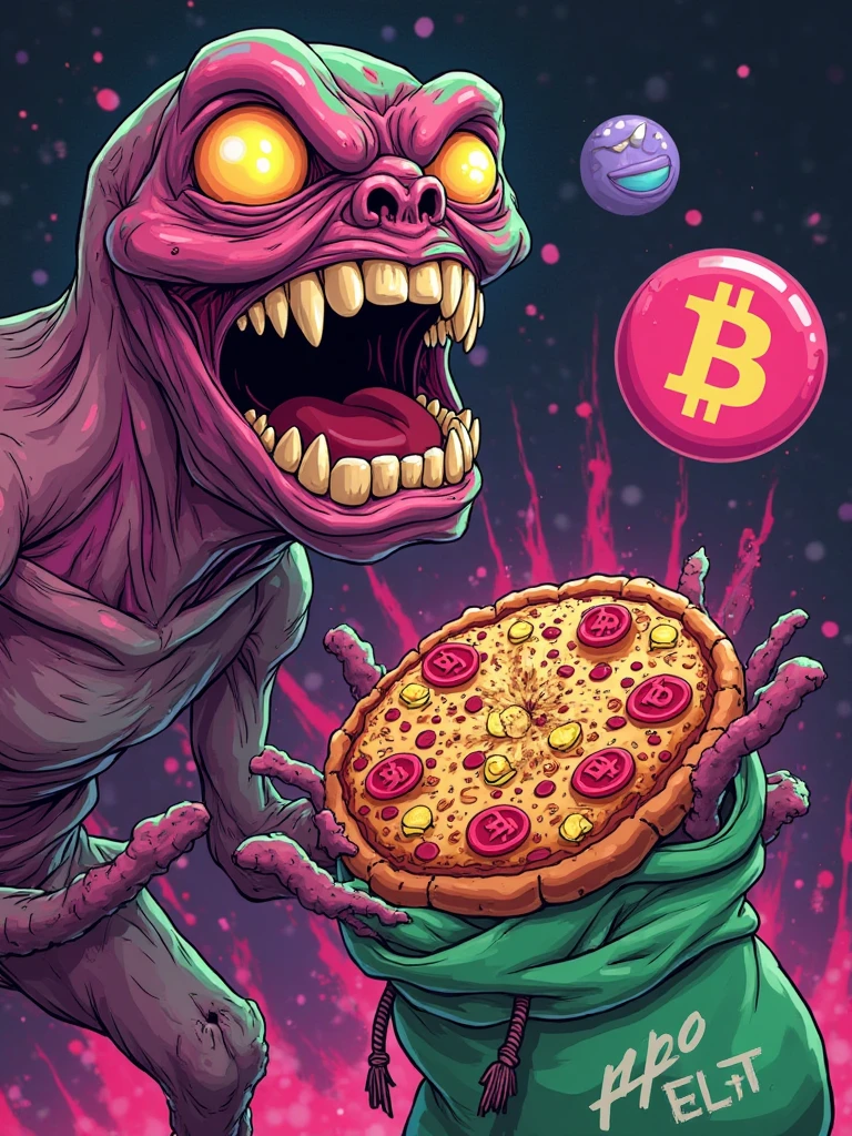 Space Spaghetti Monster Going to Devour Pizza: "The Space Spaghetti Monster advances with its giant eyes and open mouth, full of spaghetti teeth, towards the giant pizza. The pizza floats in front of him, with the colorful candy space in the background."