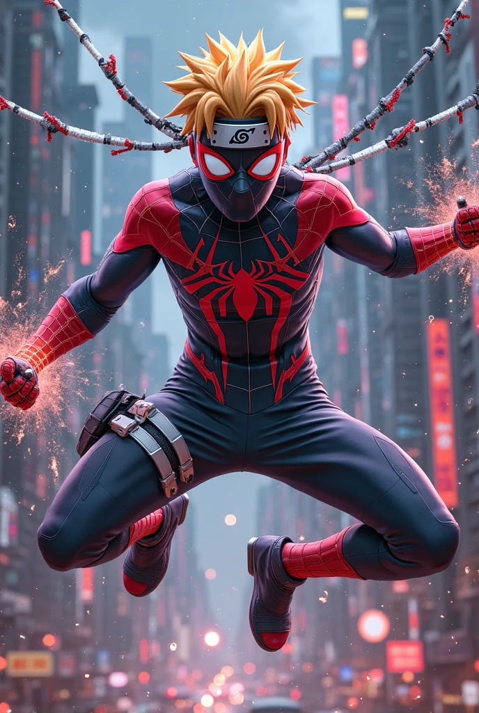 Spider-Man OC with white neck length hair hanging out of mask, white lens, white suit with blue accents and black layers, slim build, male, roller skates developed into suit, wrist gauntlets for a stun baton and web swinger, white mask, white lens, white hair, extremely detailed, masterpiece, good art, proportional,