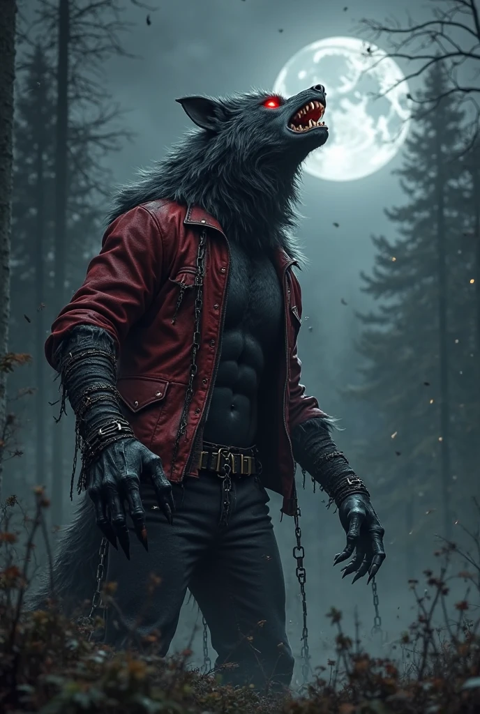 A pale vampire with a human body and a werewolf-headed hybrid, with muscular body and black leather jacket and jeans with sword in hands 