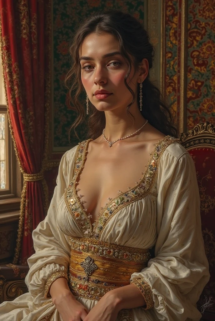 Best quality, highly detailed, masterpiece, Indian princess, Rajkanya, royal clothes, Masterpiece, extremely gorgeous woman, matchless Beauty, portrait, Peter Paul Rubens style, Woman, off shoulder bandeau crop blouse, middle ages, classicism, andrey atroshenko style, painting, long hair, styled hair, traditional media, realistic, figurative, fine art, detailed Art, oil on canvas, HDR, 8K, original character, high resolution, high detail, focus on the face, intricate, flawless, fluffy hair, Peter Paul Rubens style, By Peter Paul Rubens, sharp picture, avoid crown or mukut in picture,