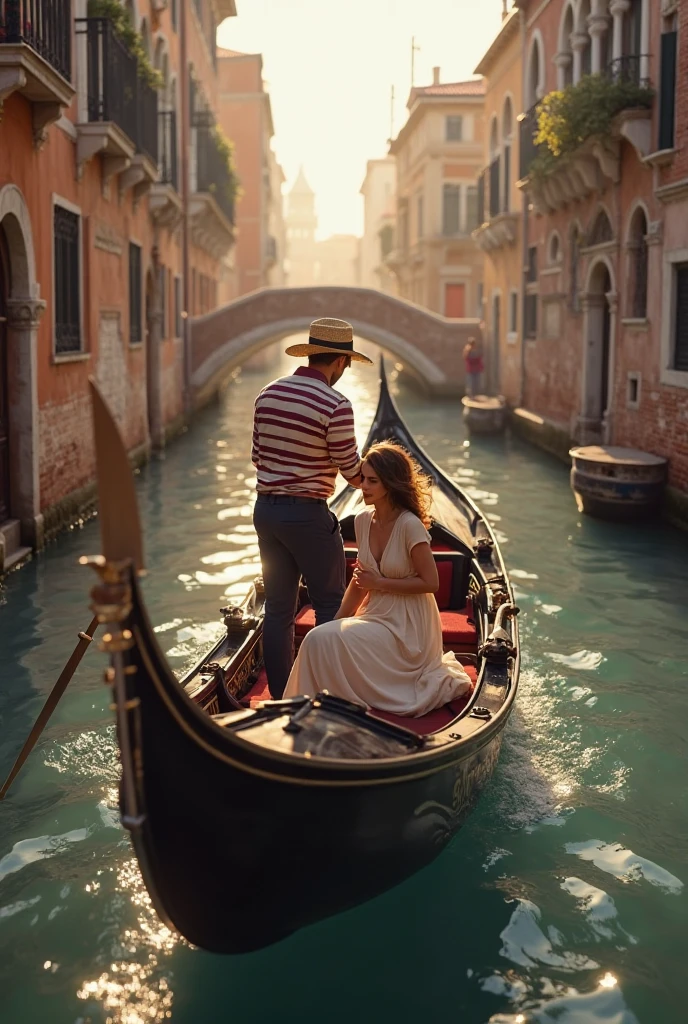 Canal em Veneza com casal feliz passeando de gondola