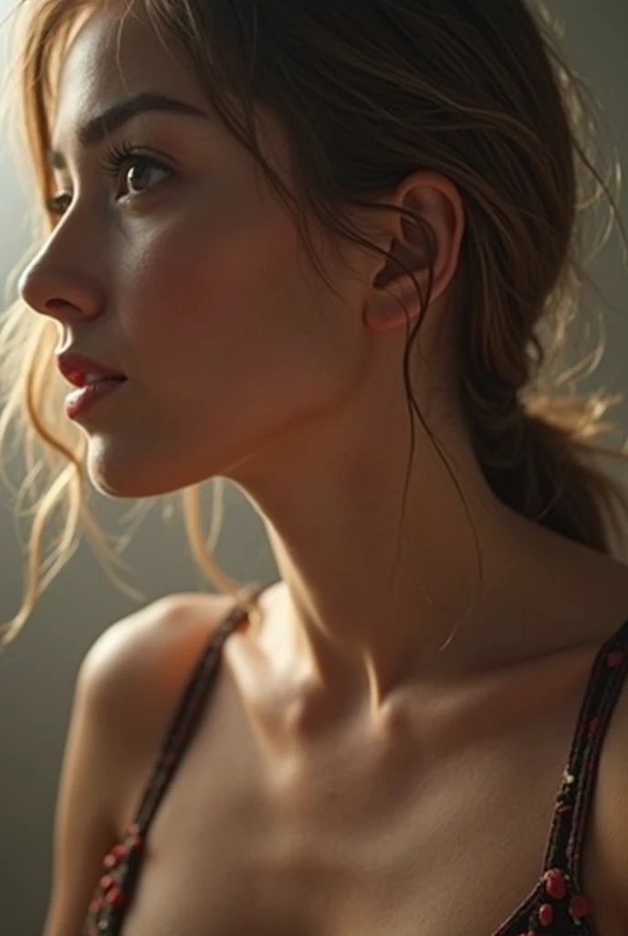 Close-up profile shot of a young person with light skin and long, straight, blonde hair that partially covers their face. The individual is wearing a white tank top and is positioned against a dark, indoor background. The lighting is focused on the subject, highlighting the hair's texture and shine, while the background remains dim and indistinct. The overall composition emphasizes the subject's hair and profile, with minimal visible details of the surroundings.