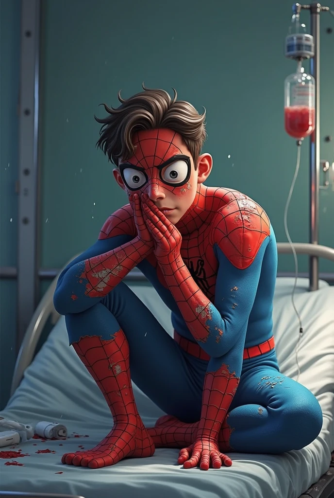 make a drawing of an 18 year old boy being bitten by a spider in a hospital, make the art in HQ style