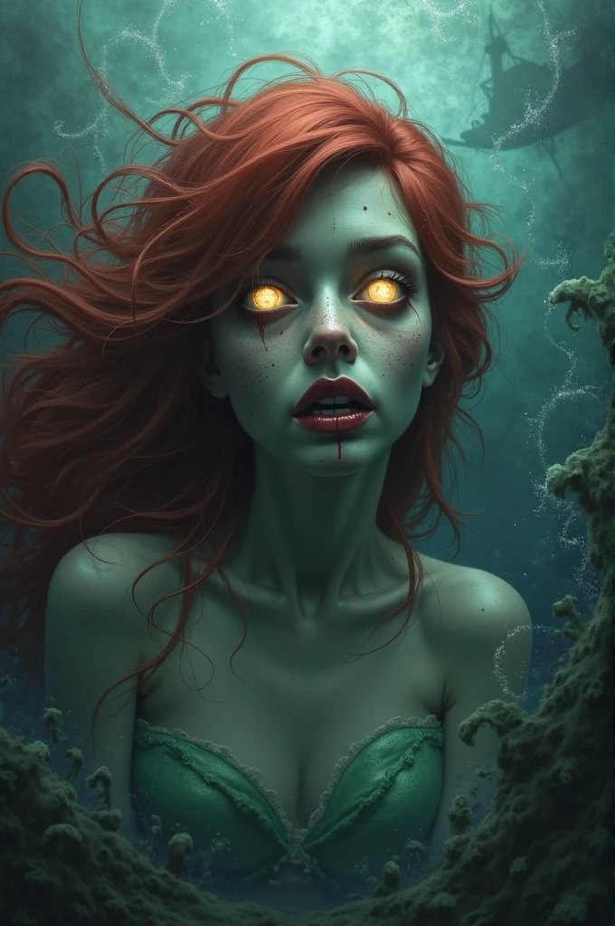 A demonic princess of waterworld, swirling through the chaotic water, pitch black eye shadow with mascara running down, shell and seaweed armor, barnacled skin, rotting face:1, skin with holes and wrinkles, almost skeletal ghoulishness, spindly fingers, fully blue laser eyes and glowing turquoise hair, two hands:1.5, loong tongue slurping out while she cackles! (75mm)
