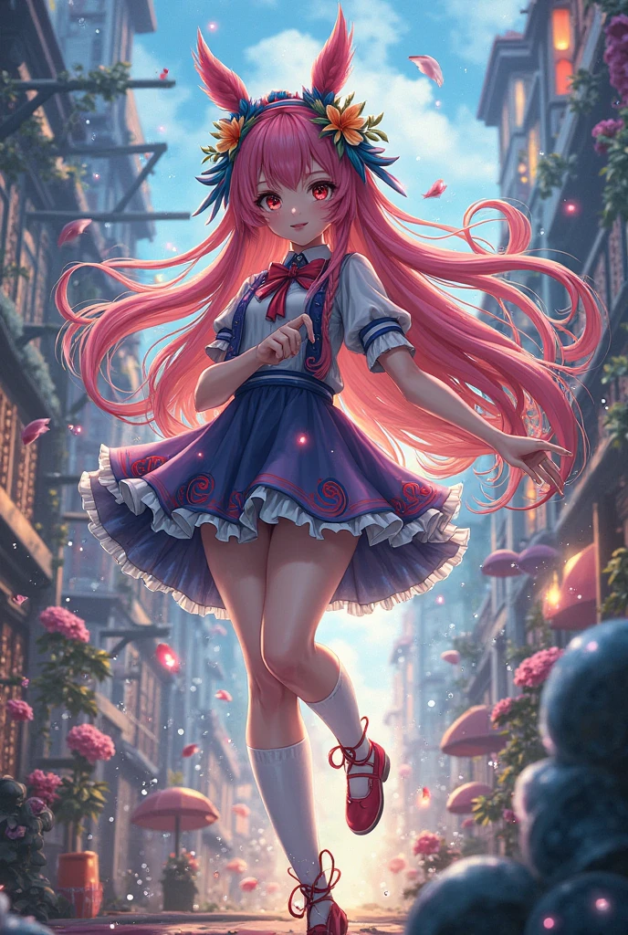 Detailed illustration of an anime-style dancing girl，She has a long head，Vibrant hair and expressive eyes，She should wear a trendy and colorful dance outfit，To reflect her youth，Vibrant personality，She is surrounded by a magical，Fantasy city landscape，Full of bright, flashing lights and fantastical buildings，These scenes create a peaceful and charming atmosphere around her