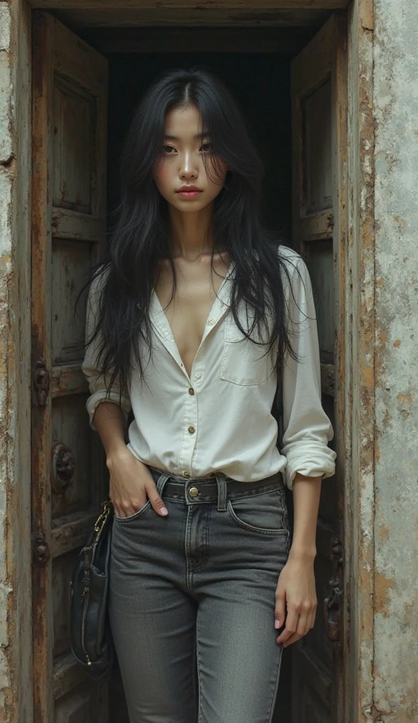 Thai Woman, look at viewer, long hair, shirt, jeans, cloud, day, sky,outdoors, post-apocalypse, ruins, scenery, tree, water, navel, sensual