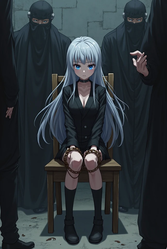 full body,shibari,bondage,tied up to chair,white hair,disgust,looking down on viewer,sitting on the chair,bondage chair