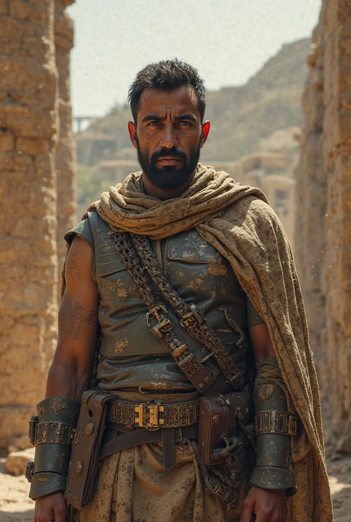 A tall, muscular Arab man in his 30s, sweaty and ragged attire, standing in a rustic village setting, high detail, realistic, dynamic lighting, portrait, character design, cinematic atmosphere, masterpiece .