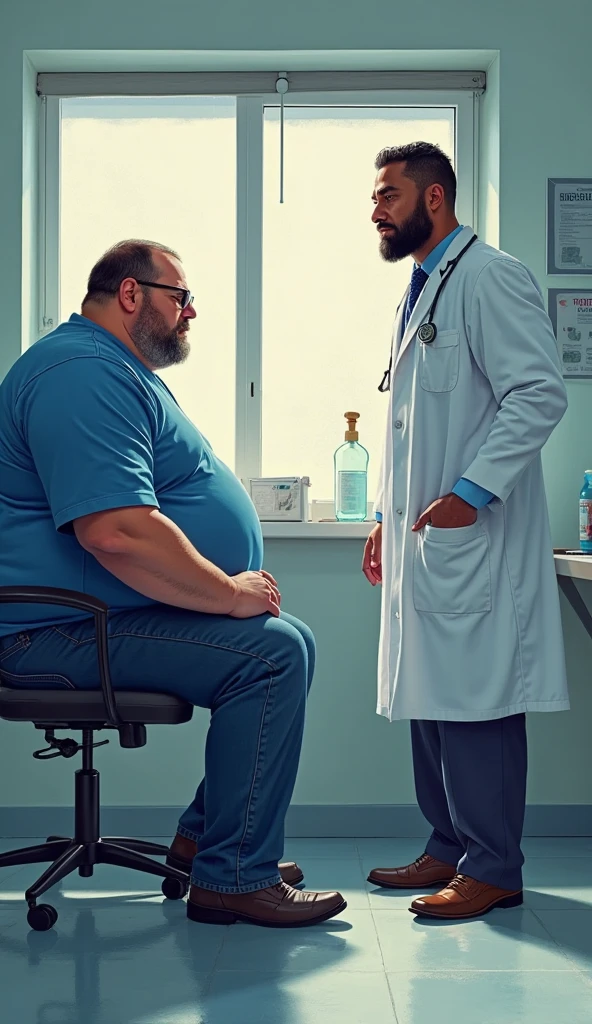 A handsome bearded hairy muscular Puerto Rican man in white underwear, hanging screaming furious angry, with green surgical clothing over the right shoulder, with dark green door closed, in a small locker room, with a man in front, fatter, sobrepeso, calvo, standing hanging with hands, watching him shirtless wearing long white pants and white shoes. Surrounded by gray cabinets. Black shirt and blue jeans on the floor. Man in green surgical suit in surgical center in background.