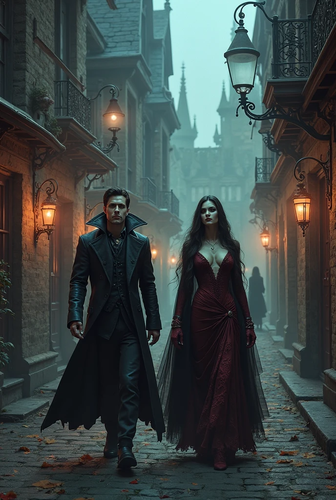 Count Dracula meeting a sexy young woman in an alley, ROSTOS PERFEITOS, anatomia perfeita, seios grandes, vestido sedutor, Londres vitoriana, tijolos de parede, ambiente misterioso, Neblina de Londres, noite, master part, 8k, harmonic colors, HDR.