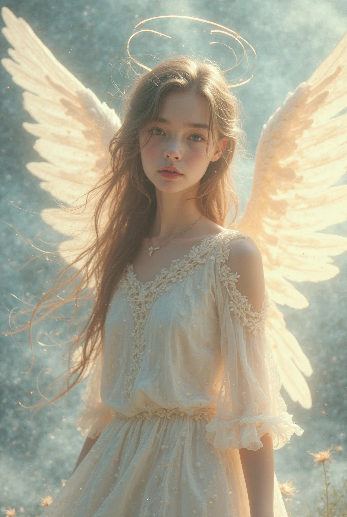 A girl whose skinny, tall, long white hair, brown hair, big eyes, have a white wings, clean, kind