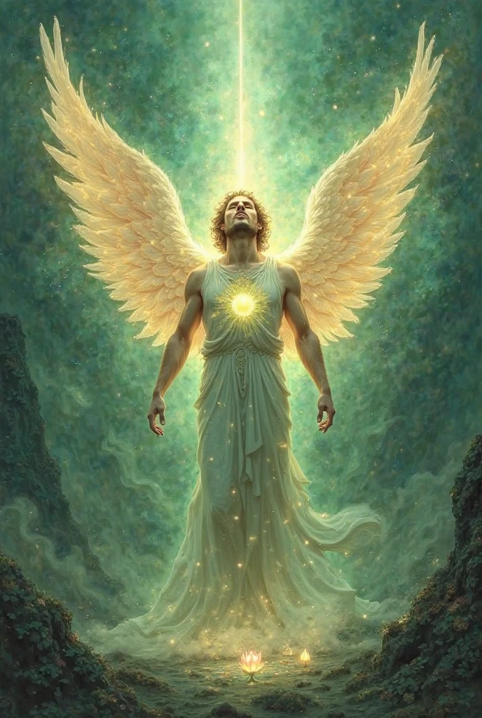 Create a glowing winged male angel image with the 7 chakras for YouTube