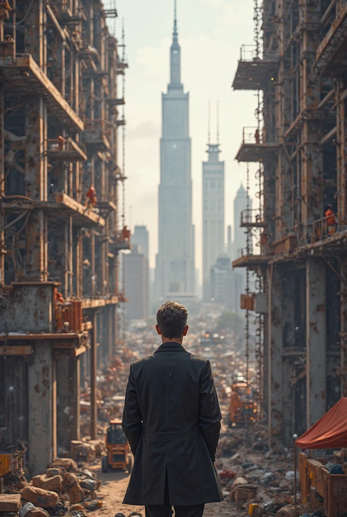 high resolution, high quality, man with his back to the photo, in the background of the photo has a building under construction, man looks up, building has scaffolding, on top of the building is sunny, imposing building, gold building.