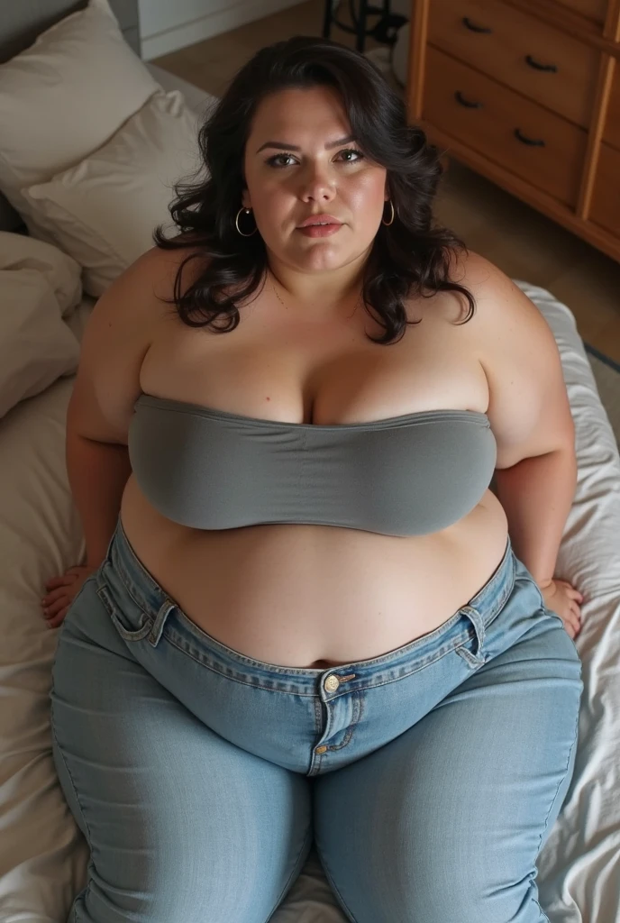 ((naked)),((huge saggy tits)),((heavy looking body)),((wide hips)),((thick body)),((big belly)),((Japanese woman)),((brown hair)),((short hair)),((brown eyes)),((full body portrait))、((1 woman)),、White blank background、Lying on the bed、Realistic full-body portrait、One Woman