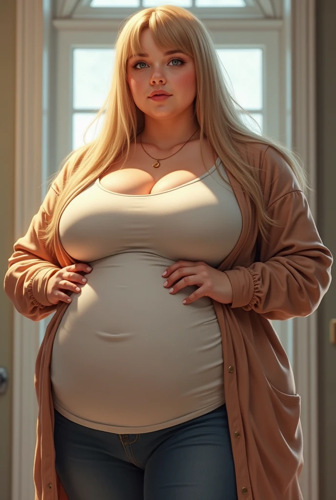 hyperrealistic, 1girl, 18 years old, bob hairstyle, curly hair, blonde, big eyes, smile, office uniform, tight uniform, mini skirt, very huge breasts, pregnant, standing, dynamic pose, simple dark background, 8k, UHD, best quality, high resolution, photo taken from lower angle, ((low angle))