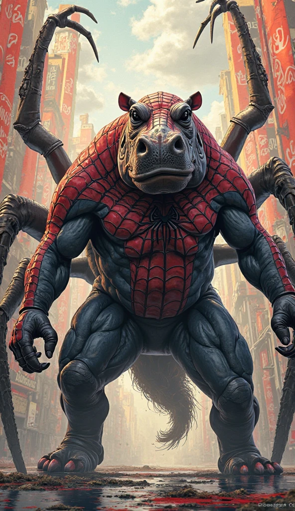 The monkey-headed Spiderman is a figure that creates a chilling sensation. With a slender and muscular body, he combines the unsettling anatomy of a spider with the horrifying head of a monkey. Dark and tangled fur adorns his dark brownish-black skin, adding a touch that further portrays his eerie nature. His eyes, sharp like those of a monkey, are equipped with glowing red pupils that emit a strange aura. With legs and arms that bear long spider-like claws, he is poised to glide between buildings with unsettling and haunting movements.